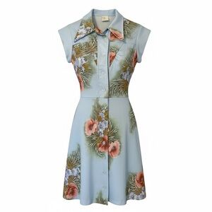 Vintage Floral A-Line Dress Boho Cottage Core Point Collar Blue Buttons Size 7